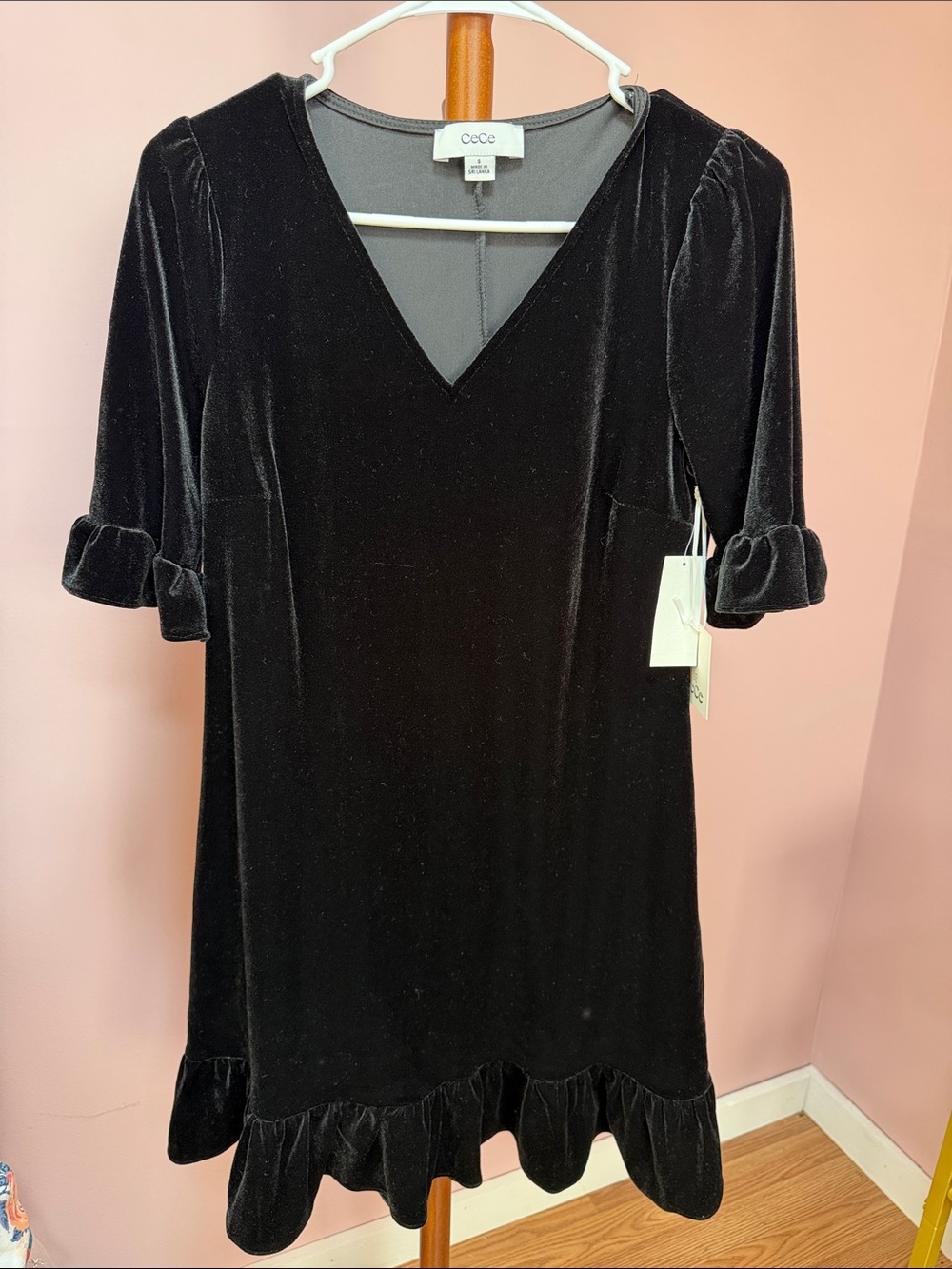 CeCe Black Velvet V-Neck Midi Dress with Ruffle Hem